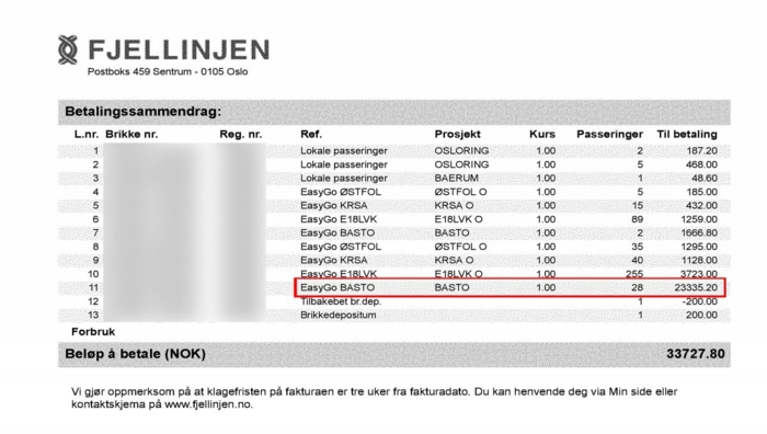 Denne regningen fra Fjellinjen viser at lastebilen brikken er tilknyttet er belastet ferjepasseringer for 23 335,20 kroner i perioden. Det utgjør over 2 800 kroner i MVA. Foto: HJ Transport