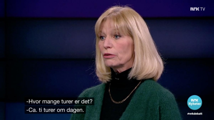 Etter påtrykk fra Fredrik Solvang under NRKs Debatten oppga Postens kommunikasjonsdirektør Elisabeth Gjølme at Bring Trucking kjører omtrent ti kabotasjeoppdrag daglig i Norge. Senere fikk NLF-Magasinet bekreftet at det årlige antallet er rundt 3000. Kombinerte transporter, som også er underlagt minstelønn, kommer i tillegg. Foto: Skjermdump, NRK