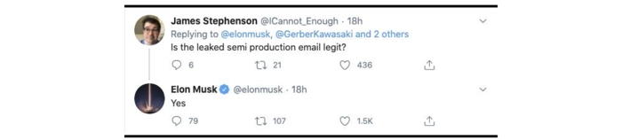 BEKREFTELSE: Her bekrefter Elon Musk e-postmeldingen som lekket tidligere i dag. Skjermdump: Twitter