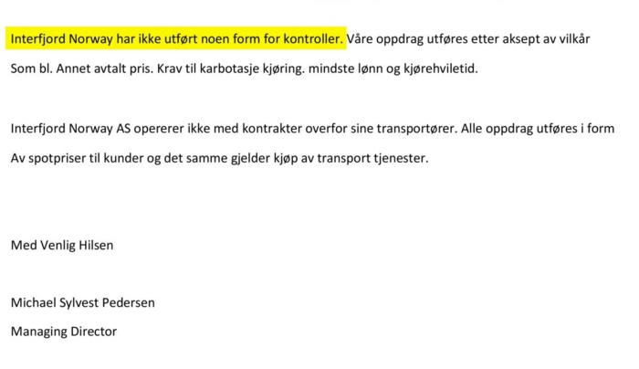 Daglig leder Michael Sylvest Pedersen gjentar at bedriften ikke har fulgt reglene i et brev han sendte til Arbeidstilsynet 26. juni. Foto: Faksimile, Arbeidstilsynet