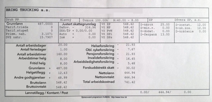 Her er en annen lønnslipp som også er knyttet til flere kabotasjeoppdrag. For ordens skyld er punktene oversatt til norsk. Foto: Stein Inge Stølen