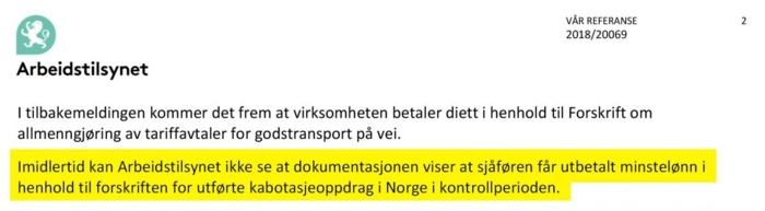 Også i år er det avdekket brudd ved lønnsbestemmelsene. Bring Trucking har altså ikke endret rutinene, selv etter direkte anbefalinger fra Arbeidstilsynet. Faksimile: Arbeidstilsynet, uthevet av Lastebil.no