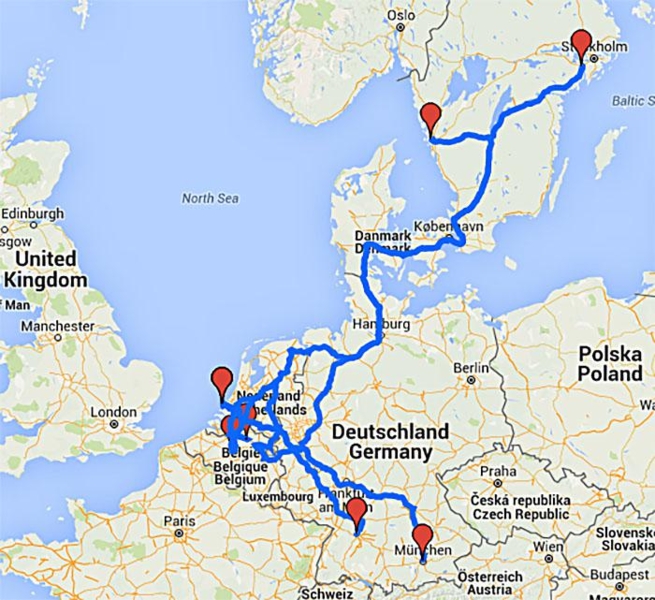 Her er kjørerutene de seks lastebilprodusentene vil ta på veg mot målet i Rotterdam. Illustrasjon: Google Maps
