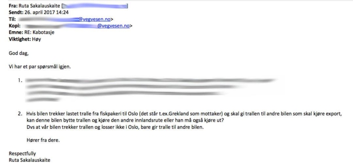 Dette er ett av mange spørsmål stilt av Vlantanas logistikkdirektør til Vegdirektoratet for over et år siden. Scenarioet som beskrives er omtrent identisk med det som er anmeldt. Kilde: Offentlig postjournal