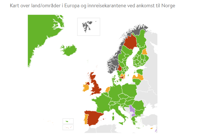 Slik ser Europakartet ut etter de siste endringene i regelverket. Skjermdump: FHI