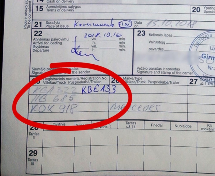 Det litauiske transportfirmaet Girteka har mange anmeldelser mot seg for ulovlig kabotasje. Her er fraktbrevet knyttet til en av disse, hvor det fremgår at hele tre forskjellige trekkvogner har vært involvert i transporten fra Tromsø til Jessheim. Foto: Statens vegvesen
