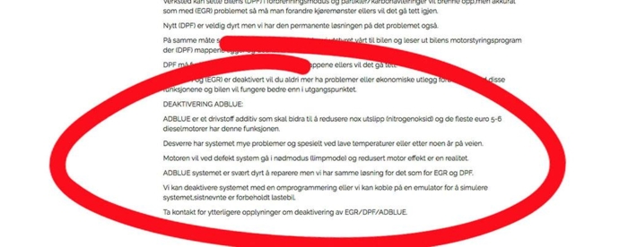 Denne leverandøren lover gull og grønne skoger ved å fjerne AdBlue-behovet. At manipuleringen er fullstendig ulovlig og sterkt miljøskadelig, blir ikke nevnt med et ord. Foto: Skjermdump