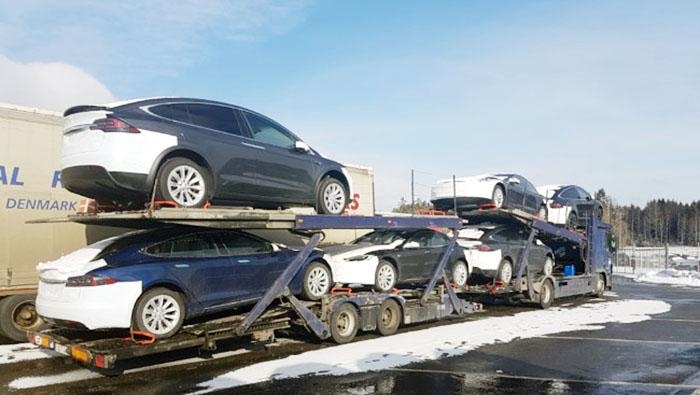 Dette er en av to biltrailere som ble stoppet på Svinesund. Begge manglet vinterdekk og hadde ulovlig overlast. Foto: Statens vegvesen